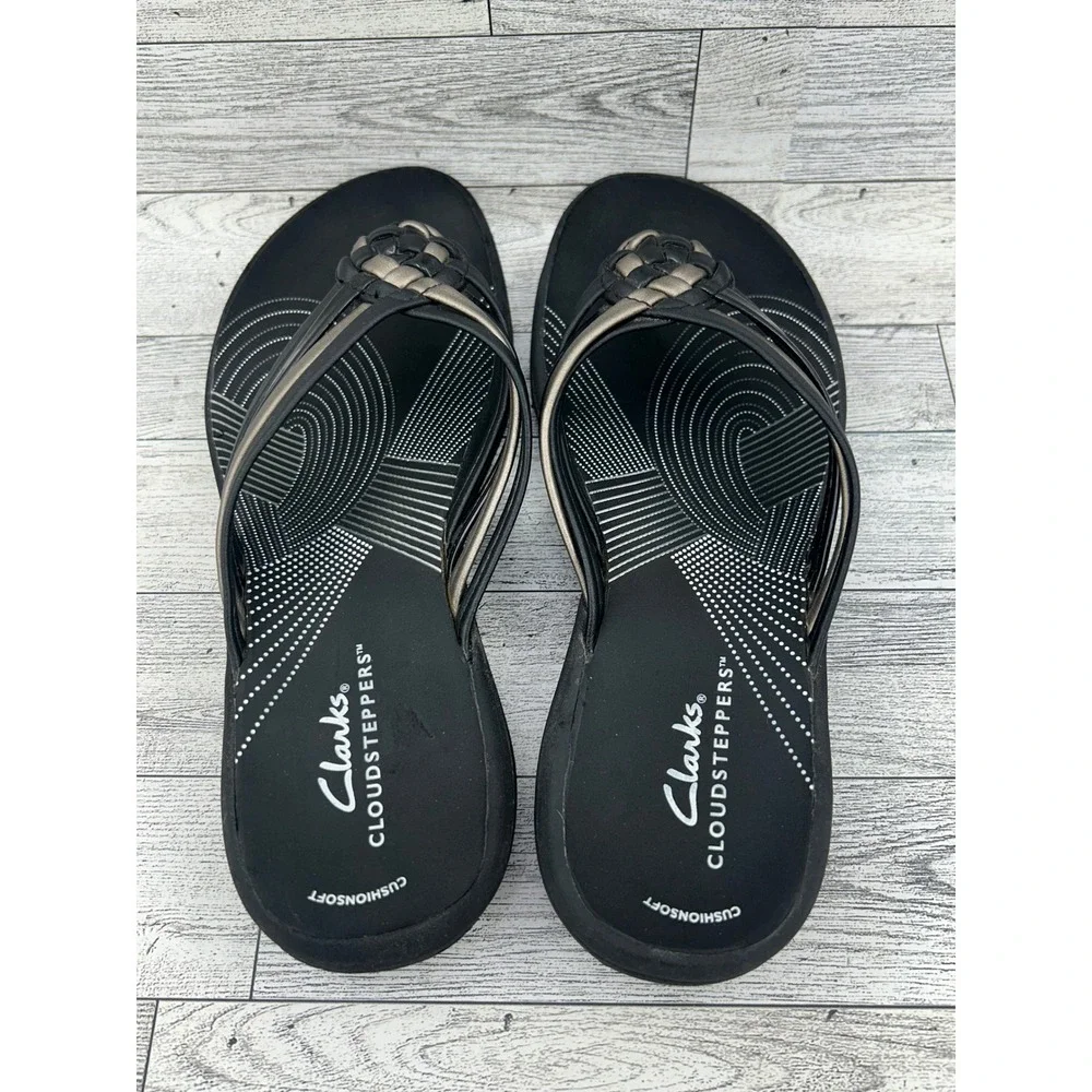 Clarks‎ Cloudsteppers Arla Kaylie Women Size 7 Black Pewter Flip Flop Sandals